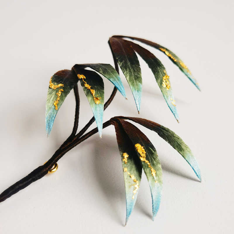 Nimara Ritual Handmade Velvet Flower Mulberry Silk Green Bamboo Leaves Brooch