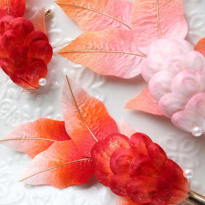 Nimara Ritual Handmade Yangzhou Velvet Flower Mulberry Silk Red Koi Fish Leaves Brooch Hair Clip