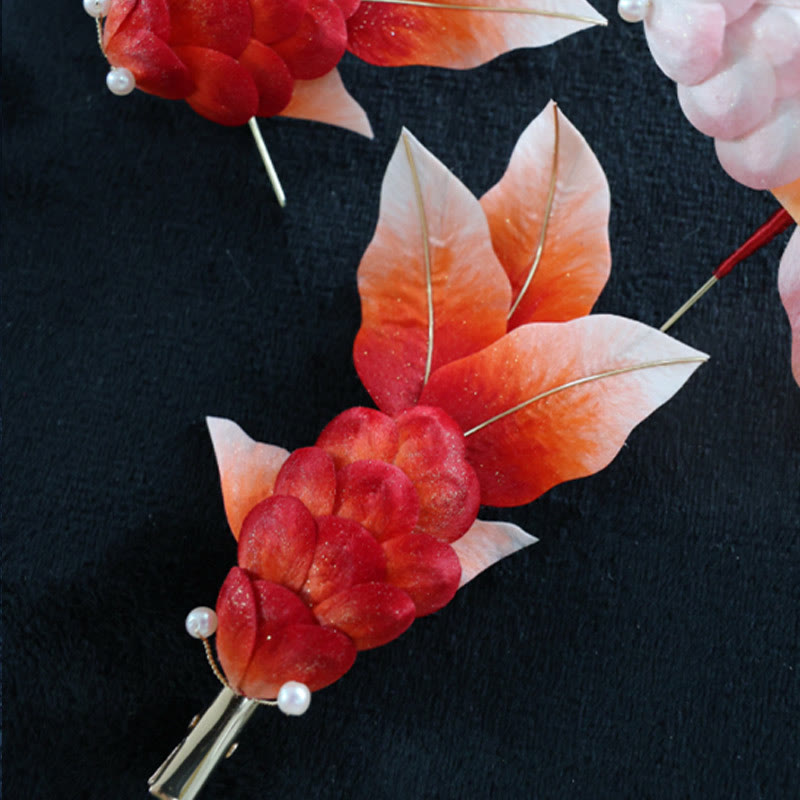 Nimara Ritual Handmade Yangzhou Velvet Flower Mulberry Silk Red Koi Fish Leaves Brooch Hair Clip