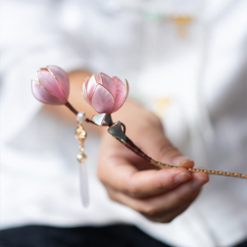 Nimara Ritual Handmade Yangzhou Velvet Flower Mulberry Silk Purple Magnolia Brooch Hairpin