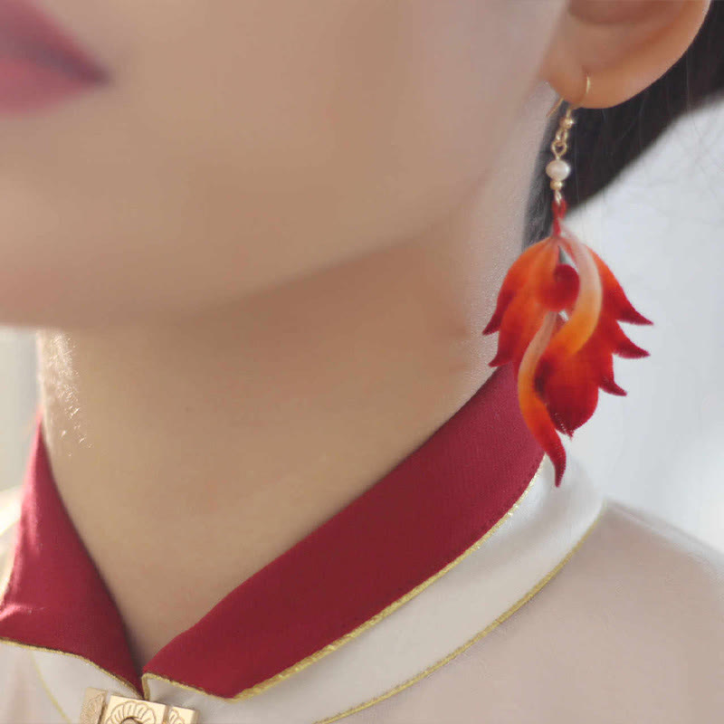 Nimara Ritual 14K Gold-plated Copper Handmade Velvet Flower Mulberry Silk Red Feather Drop Earrings