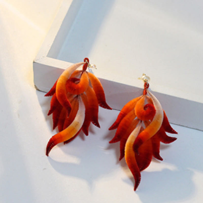 Nimara Ritual 14K Gold-plated Copper Handmade Velvet Flower Mulberry Silk Red Feather Drop Earrings