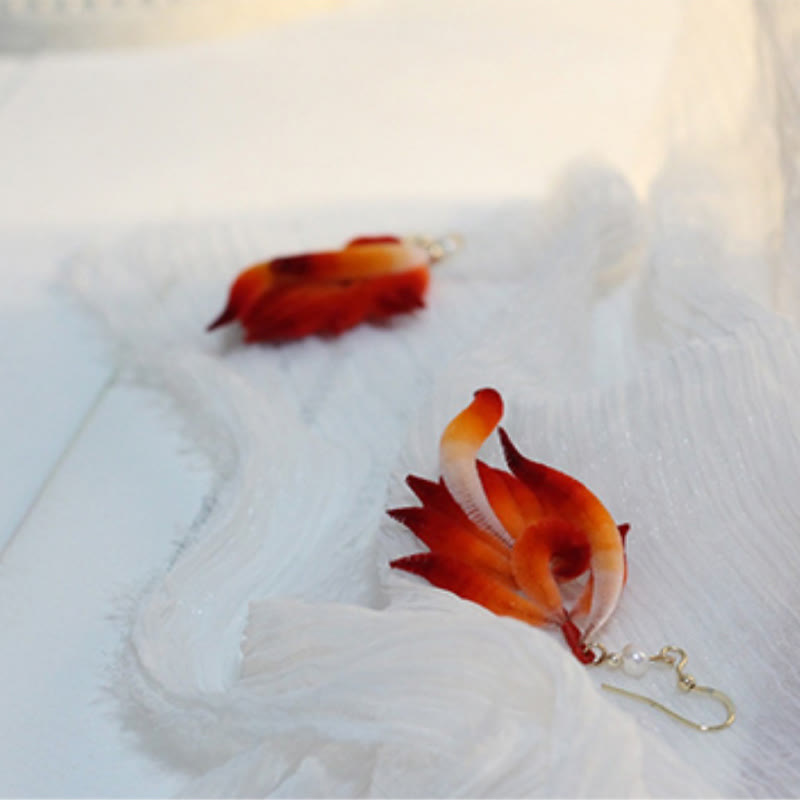 Nimara Ritual 14K Gold-plated Copper Handmade Velvet Flower Mulberry Silk Red Feather Drop Earrings