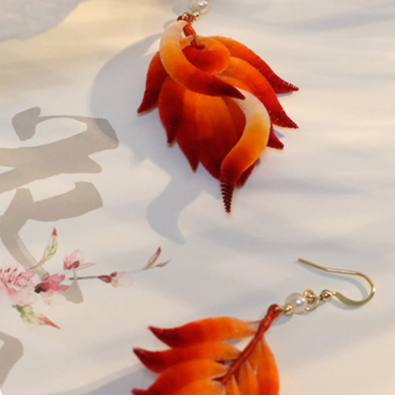 Nimara Ritual 14K Gold-plated Copper Handmade Velvet Flower Mulberry Silk Red Feather Drop Earrings