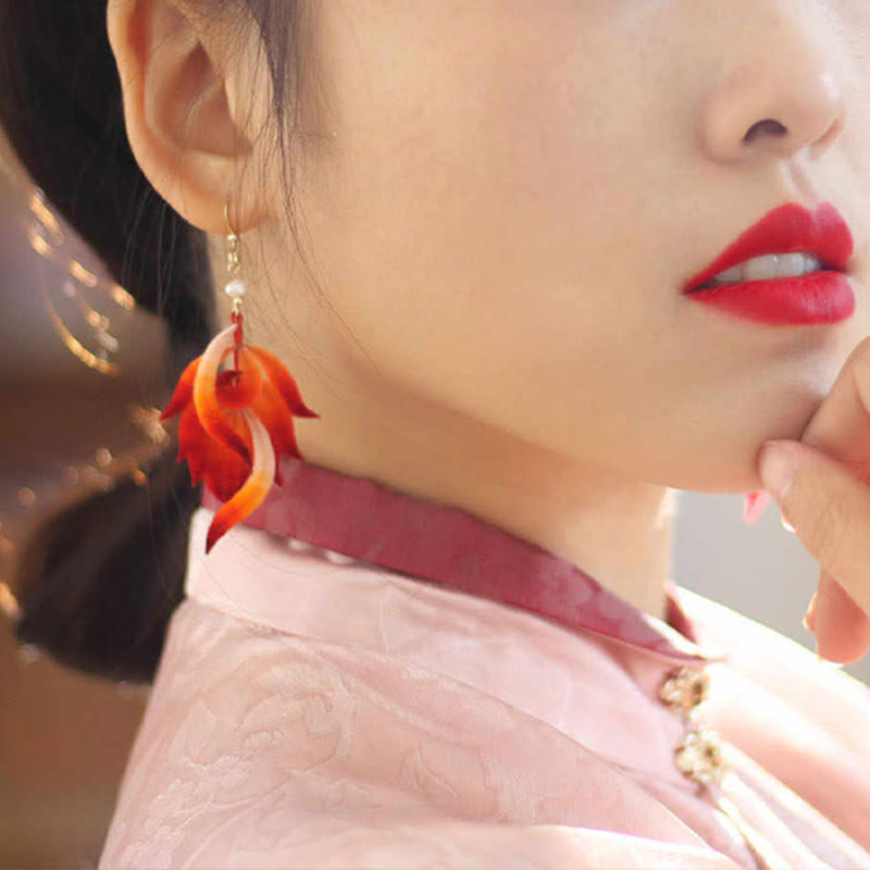 Nimara Ritual 14K Gold-plated Copper Handmade Velvet Flower Mulberry Silk Red Feather Drop Earrings