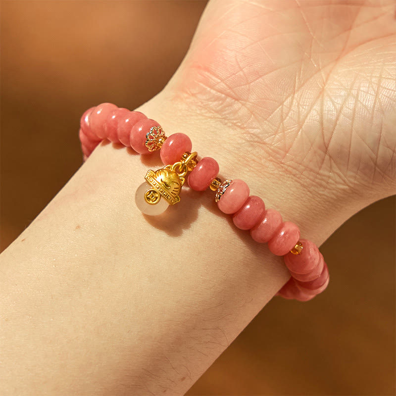 Nimara Ritual Strawberry Quartz Cyan Jade Lucky Cat Beads Healing Bracelet