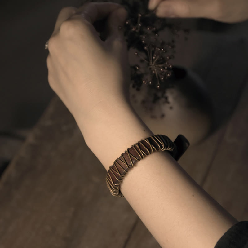 Nimara Ritual Vintage Leather Copper Brass Wire Wrap Balance Bracelet