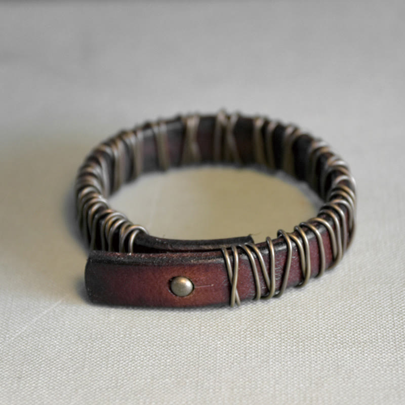 Nimara Ritual Vintage Leather Copper Brass Wire Wrap Balance Bracelet