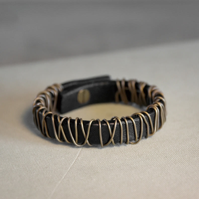 Nimara Ritual Vintage Leather Copper Brass Wire Wrap Balance Bracelet