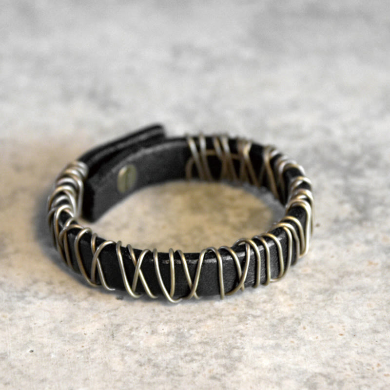 Nimara Ritual Vintage Leather Copper Brass Wire Wrap Balance Bracelet