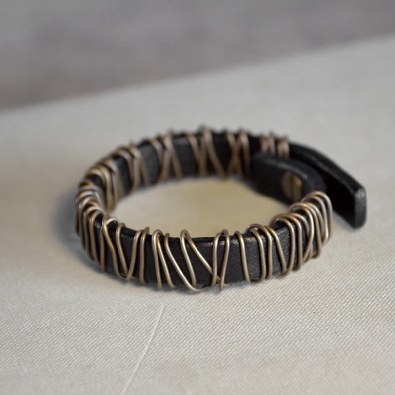 Nimara Ritual Vintage Leather Copper Brass Wire Wrap Balance Bracelet