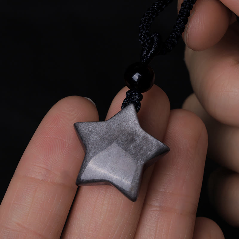 Nimara Ritual Natural Silver Sheen Obsidian Star Crescent Moon Protection Necklace Pendant