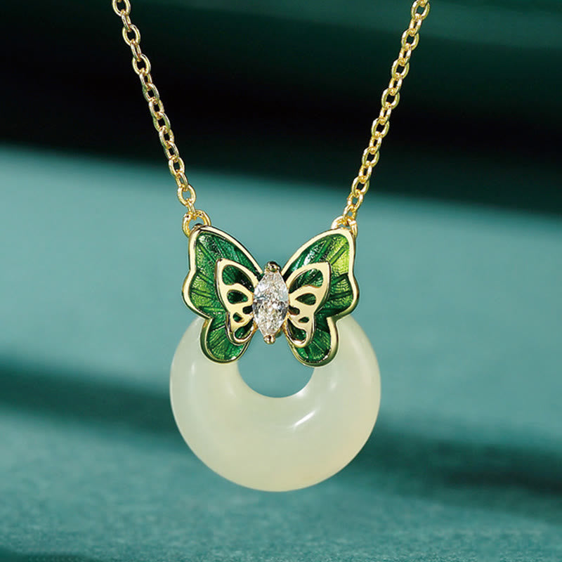 Nimara Ritual 925 Sterling Silver Natural Hetian Jade Peace Buckle Butterfly Zircon Luck Bracelet Necklace Pendant