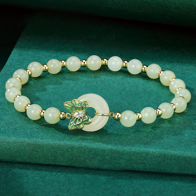 Nimara Ritual 925 Sterling Silver Natural Hetian Jade Peace Buckle Butterfly Zircon Luck Bracelet Necklace Pendant