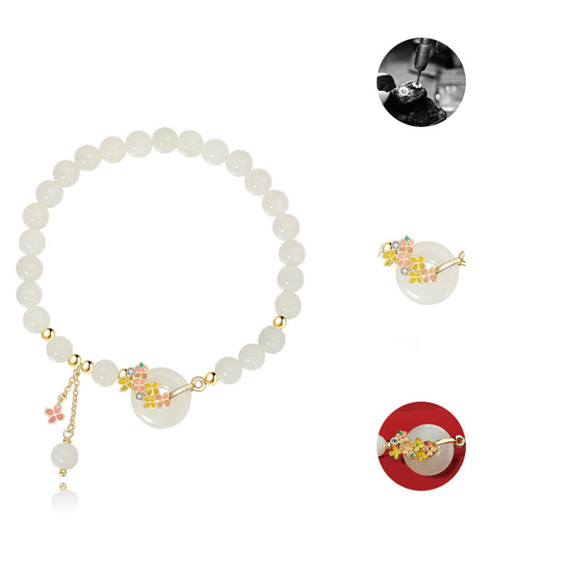 Nimara Ritual 925 Sterling Silver Natural Hetian Jade Osmanthus Flowers Peace Buckle Zircon Luck Bracelet Necklace Pendant