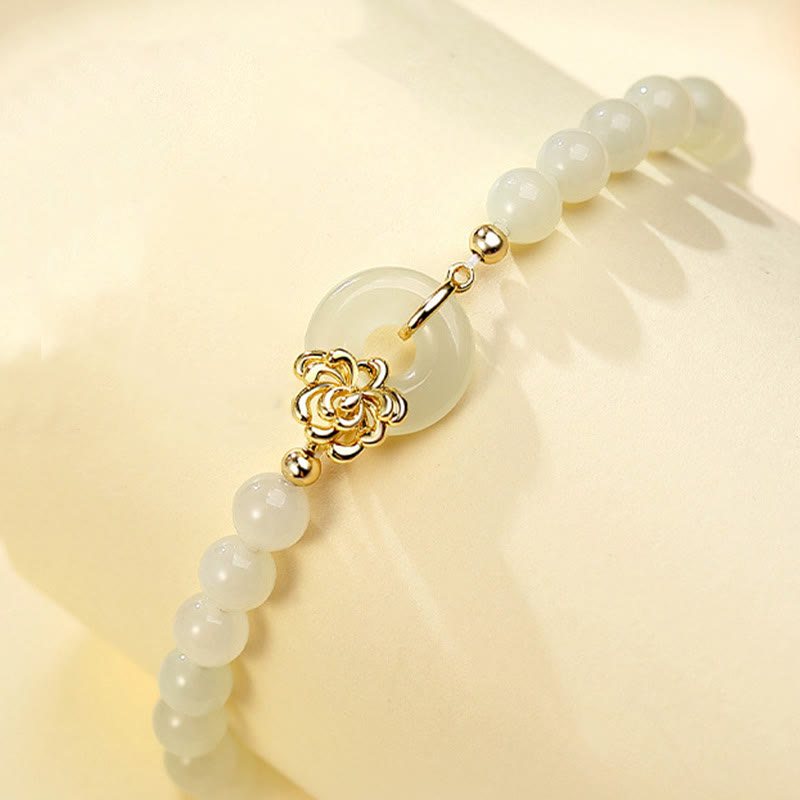 Nimara Ritual 925 Sterling Silver Natural Hetian Jade Autumn Chrysanthemum Peace Buckle Prosperity Bracelet