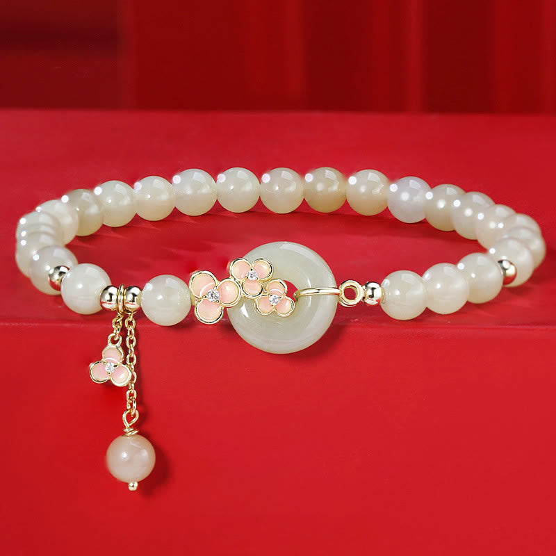 Nimara Ritual 925 Sterling Silver Natural Hetian Jade Peach Blossom Peace Buckle Zircon Luck Bracelet Necklace Pendant