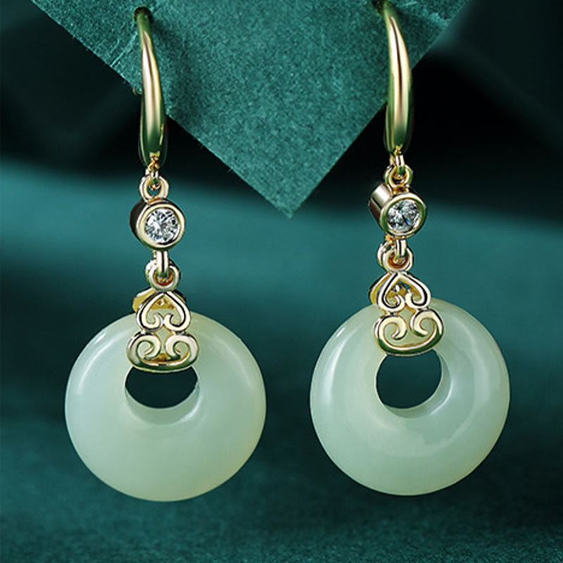 Nimara Ritual 925 Sterling Silver Natural Hetian Jade Gourd Peace Buckle Zircon Luck Bracelet Necklace Pendant Earrings