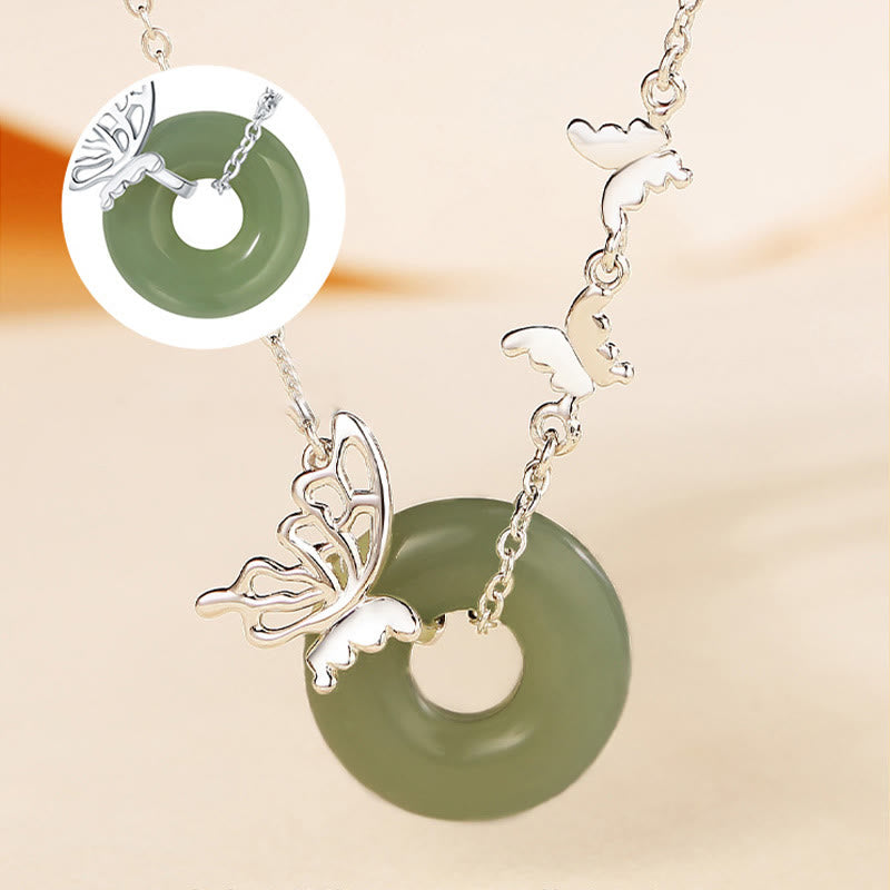 Nimara Ritual 925 Sterling Silver Natural Hetian Jade Peace Buckle Butterfly Luck Prosperity Bracelet Necklace Pendant