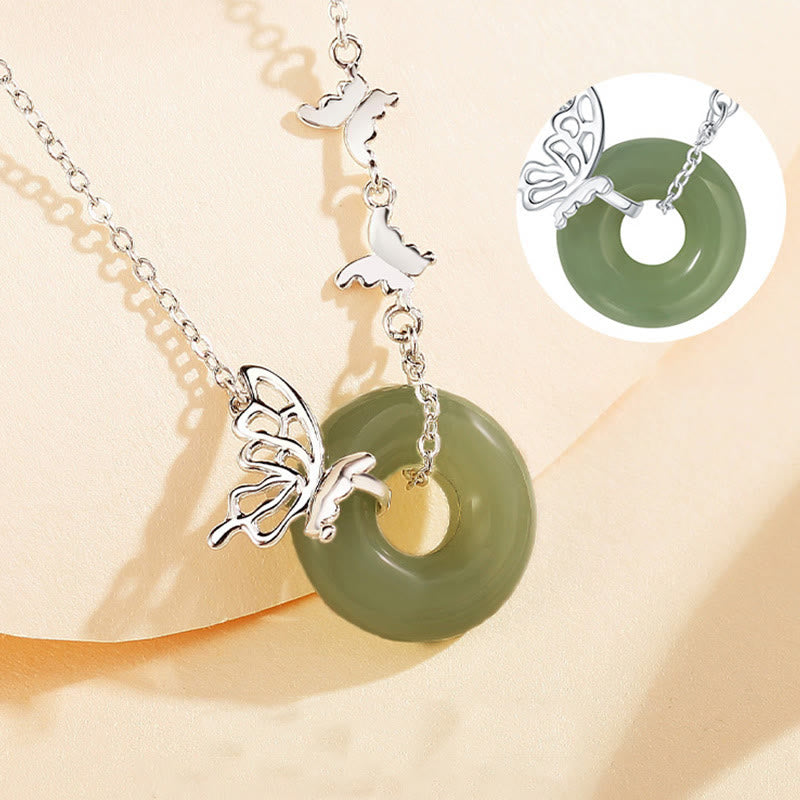 Nimara Ritual 925 Sterling Silver Natural Hetian Jade Peace Buckle Butterfly Luck Prosperity Bracelet Necklace Pendant