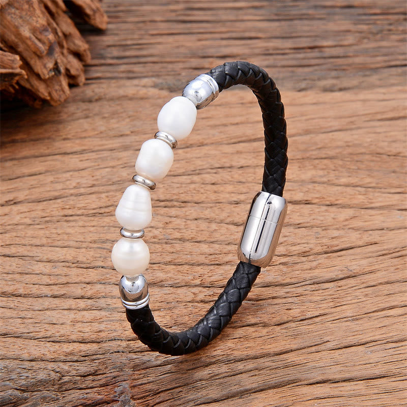 Nimara Ritual Handmade Irregular Shaped Pearls Healing Leather Titanium Steel Buckle Bracelet