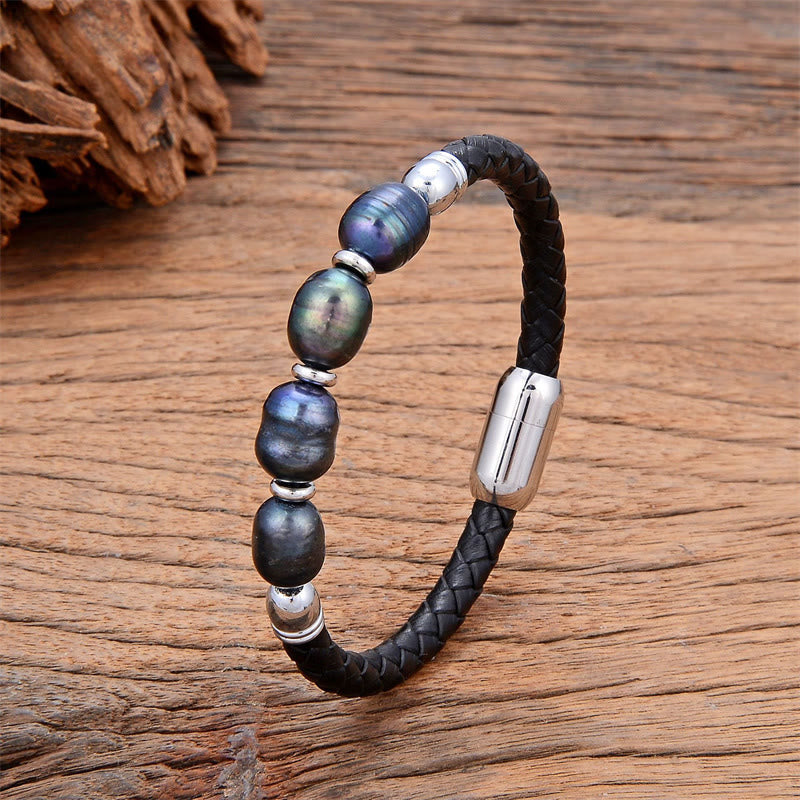 Nimara Ritual Handmade Irregular Shaped Pearls Healing Leather Titanium Steel Buckle Bracelet