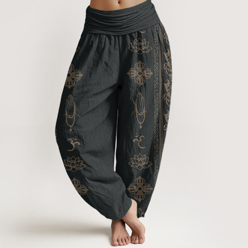 Nimara Ritual Cotton Lotus Flowers Double Dorje Vajra Namaste Om Design Women's Elastic Waist Harem Pants