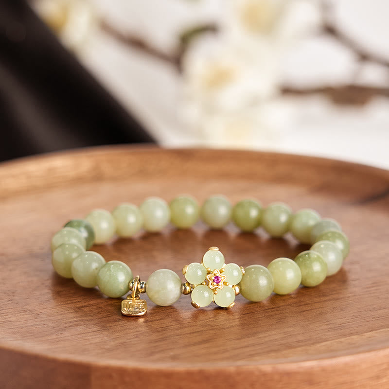 Nimara Ritual Green Jade Flower Fu Character Charm Luck Bracelet