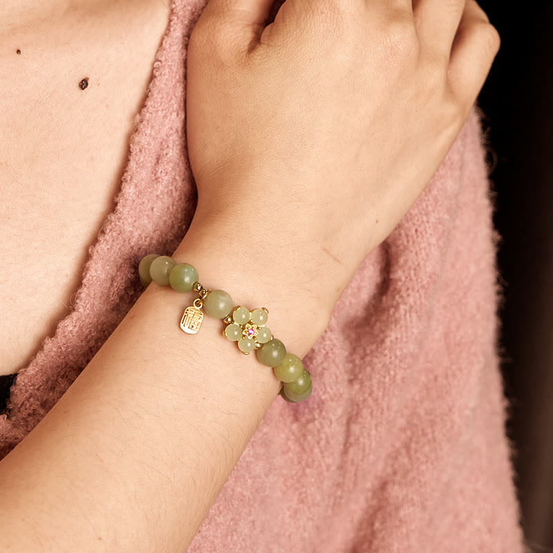 Nimara Ritual Green Jade Flower Fu Character Charm Luck Bracelet