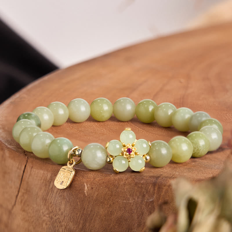 Nimara Ritual Green Jade Flower Fu Character Charm Luck Bracelet
