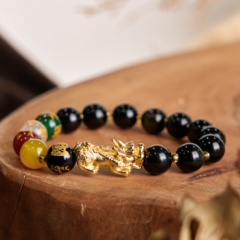Nimara Ritual Natural Gold Sheen Obsidian PiXiu Five Directions Gods of Wealth Protection Bracelet