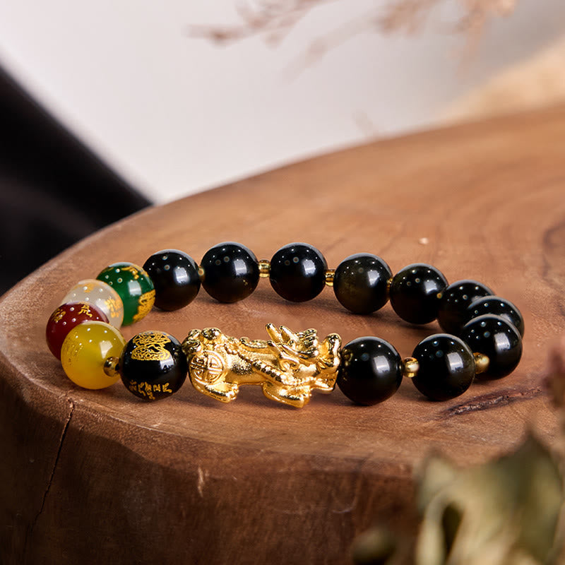 Nimara Ritual Natural Gold Sheen Obsidian PiXiu Five Directions Gods of Wealth Protection Bracelet