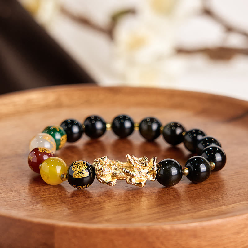 Nimara Ritual Natural Gold Sheen Obsidian PiXiu Five Directions Gods of Wealth Protection Bracelet