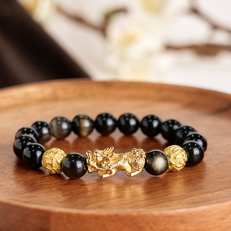 Nimara Ritual Natural Gold Sheen Obsidian PiXiu Om Mani Padme Hum Wealth Bracelet
