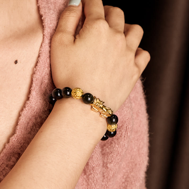Nimara Ritual Natural Gold Sheen Obsidian PiXiu Om Mani Padme Hum Wealth Bracelet