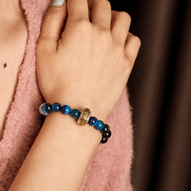 Nimara Ritual Silver Sheen Obsidian Blue Tiger Eye Om Mani Padme Hum Protection Bracelet