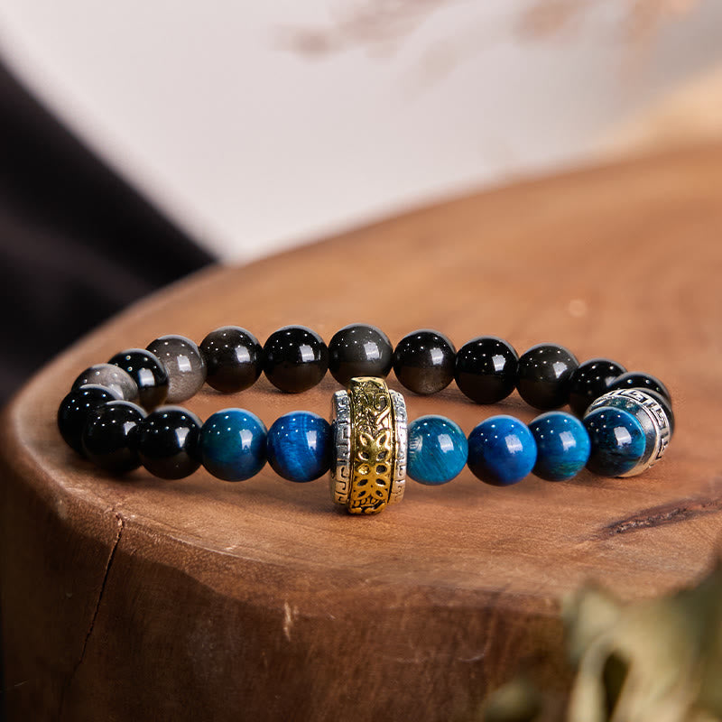 Nimara Ritual Silver Sheen Obsidian Blue Tiger Eye Om Mani Padme Hum Protection Bracelet