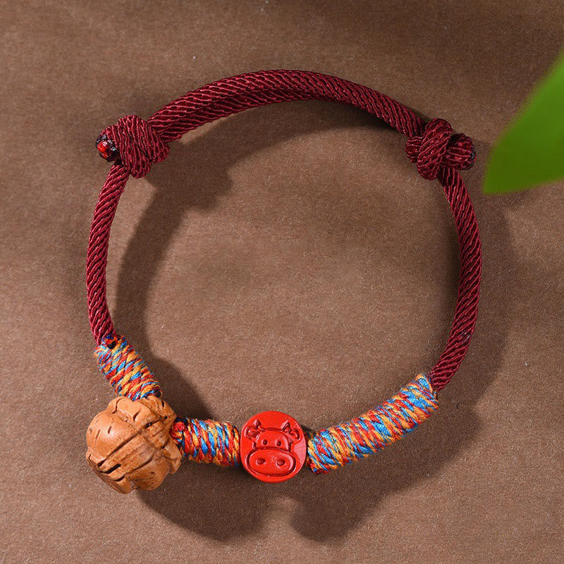 Nimara Ritual Handmade Chinese Zodiac Red String Peach Pit Cinnabar Luck Bracelet