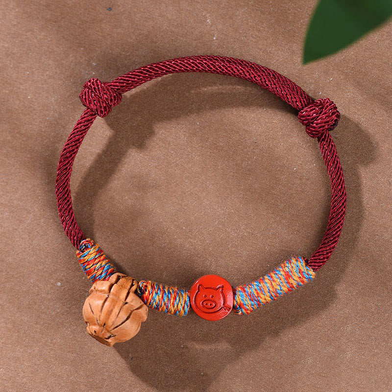 Nimara Ritual Handmade Chinese Zodiac Red String Peach Pit Cinnabar Luck Bracelet