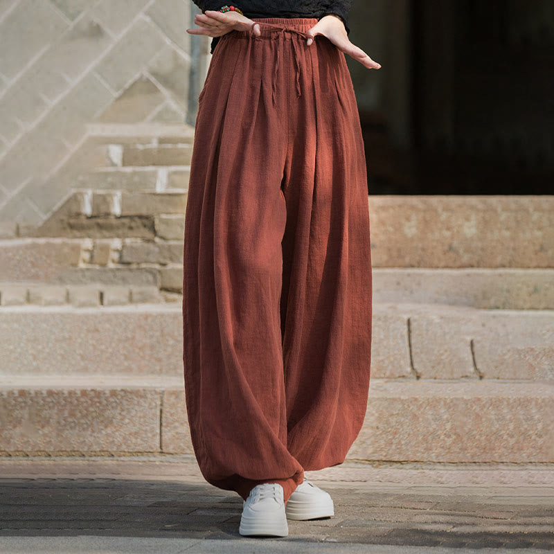 Nimara Ritual Casual Plain Loose Waist Tie Rope Women's Ramie Cotton Pants With Pockets