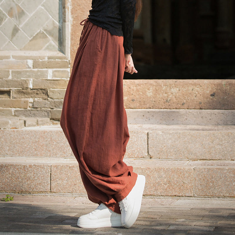 Nimara Ritual Casual Plain Loose Waist Tie Rope Women's Ramie Cotton Pants With Pockets
