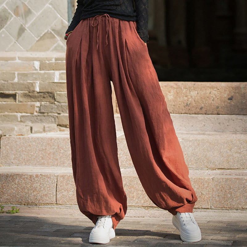 Nimara Ritual Casual Plain Loose Waist Tie Rope Women's Ramie Cotton Pants With Pockets