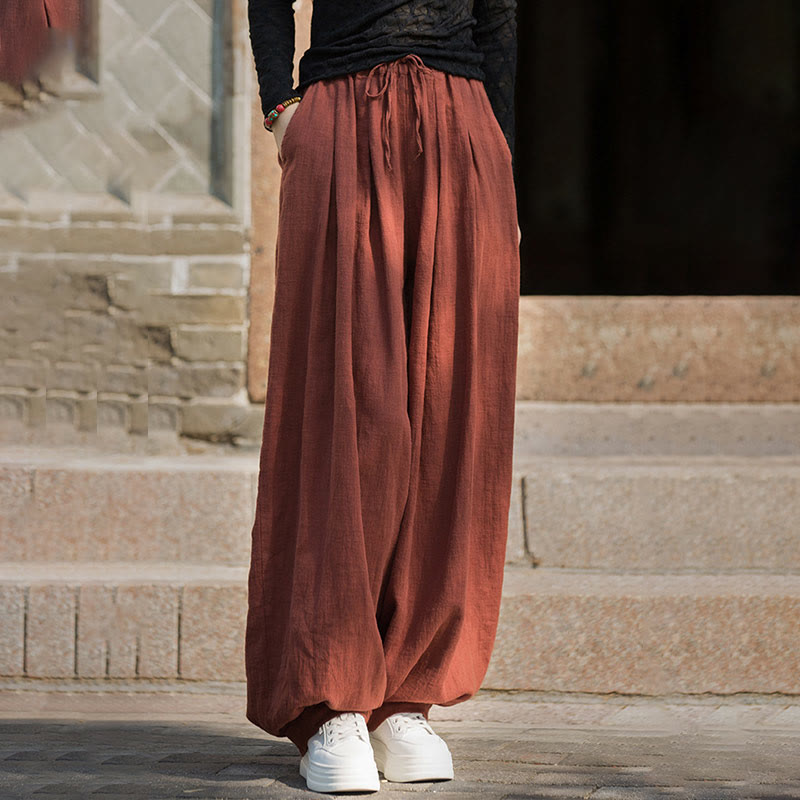 Nimara Ritual Casual Plain Loose Waist Tie Rope Women's Ramie Cotton Pants With Pockets