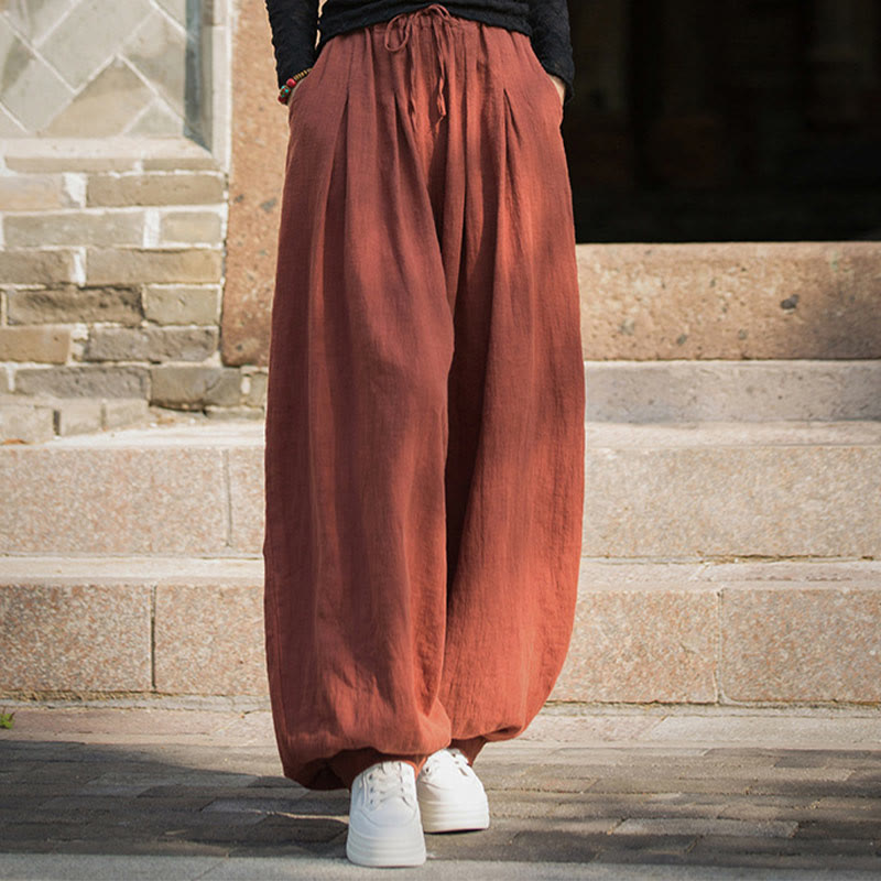 Nimara Ritual Casual Plain Loose Waist Tie Rope Women's Ramie Cotton Pants With Pockets
