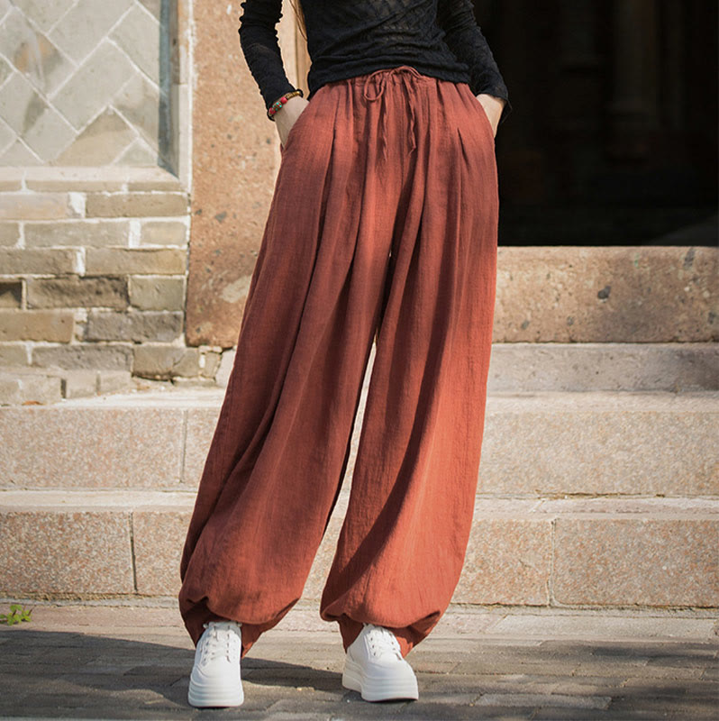 Nimara Ritual Casual Plain Loose Waist Tie Rope Women's Ramie Cotton Pants With Pockets