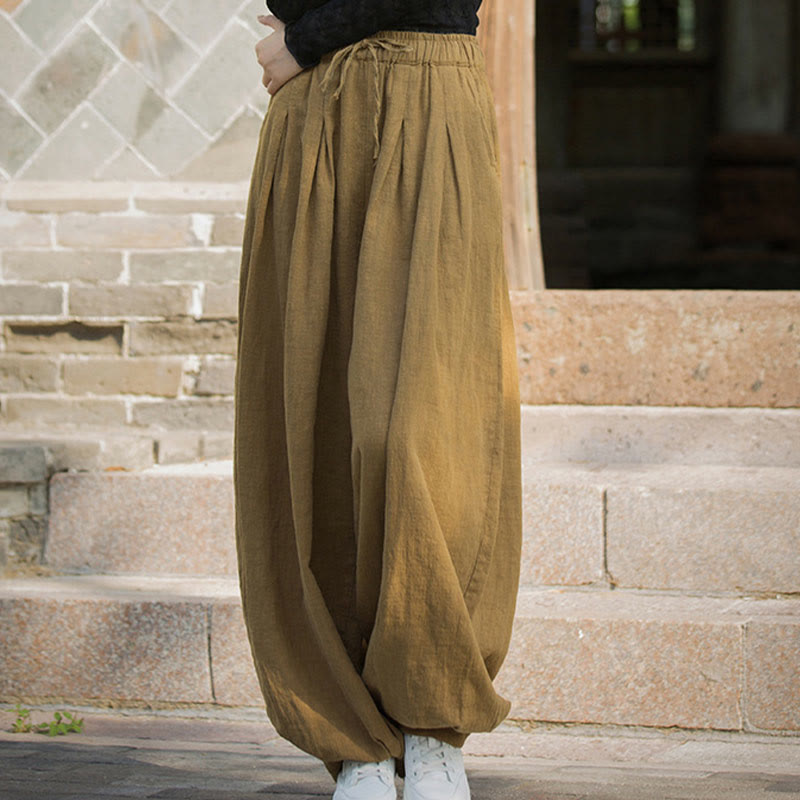 Nimara Ritual Casual Plain Loose Waist Tie Rope Women's Ramie Cotton Pants With Pockets