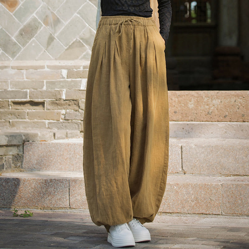 Nimara Ritual Casual Plain Loose Waist Tie Rope Women's Ramie Cotton Pants With Pockets