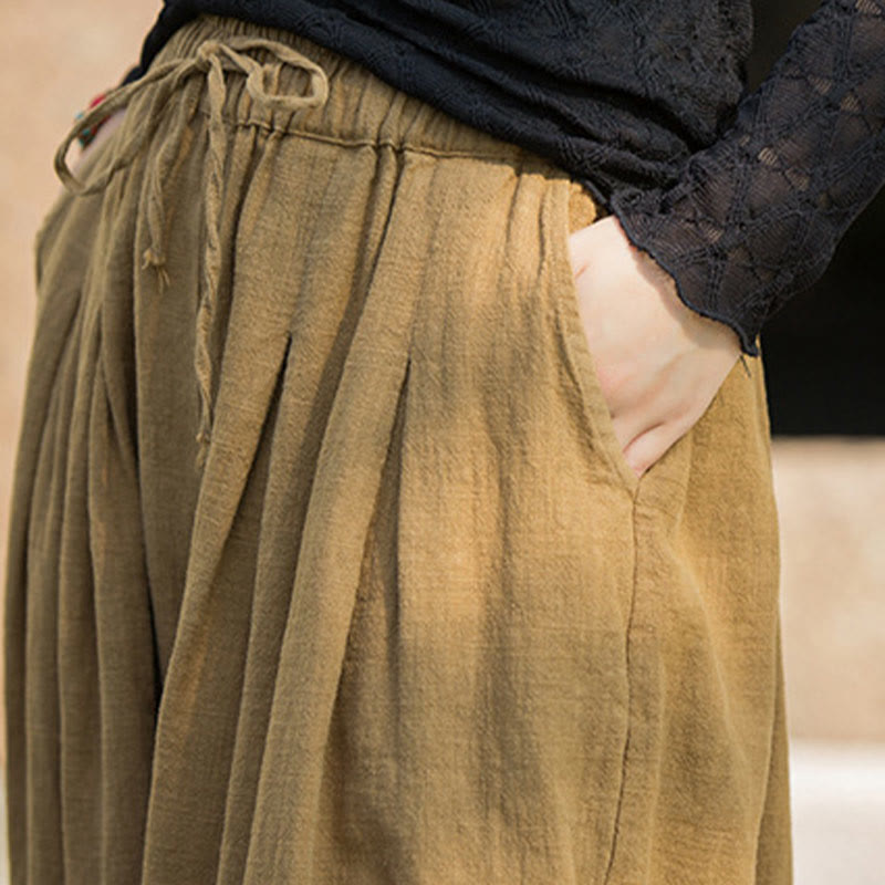 Nimara Ritual Casual Plain Loose Waist Tie Rope Women's Ramie Cotton Pants With Pockets