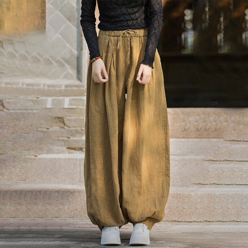 Nimara Ritual Casual Plain Loose Waist Tie Rope Women's Ramie Cotton Pants With Pockets