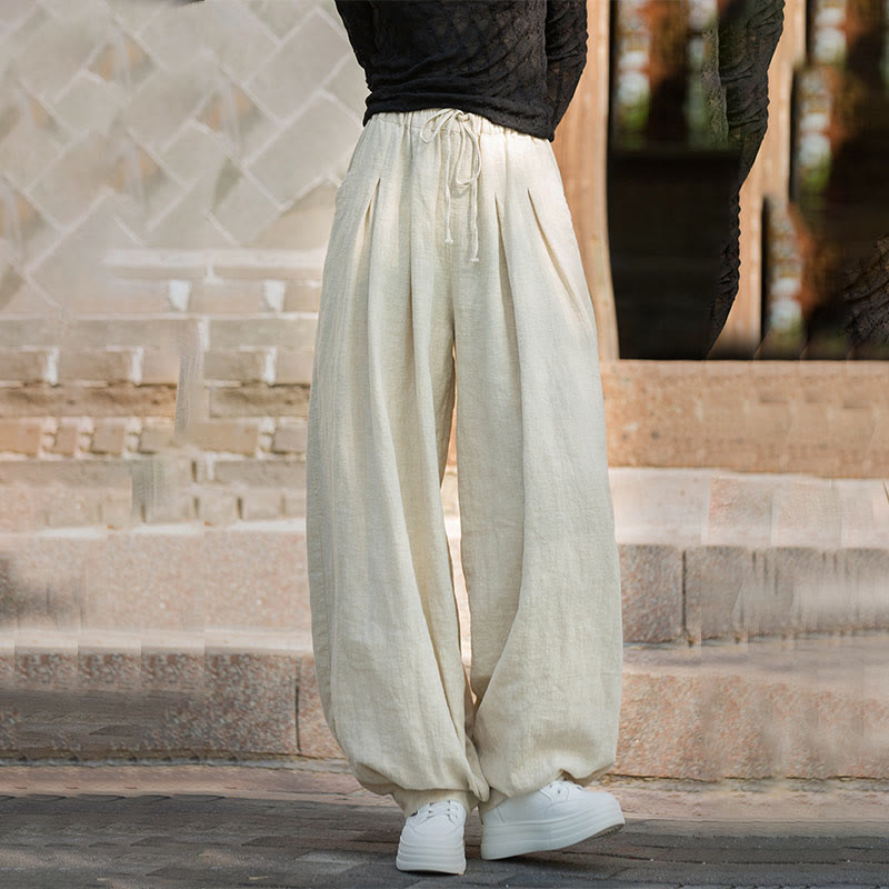 Nimara Ritual Casual Plain Loose Waist Tie Rope Women's Ramie Cotton Pants With Pockets